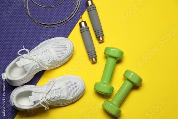 Fototapeta Dumbbells, sneakers, fitness mat and skipping rope on yellow background, flat lay. Space for text