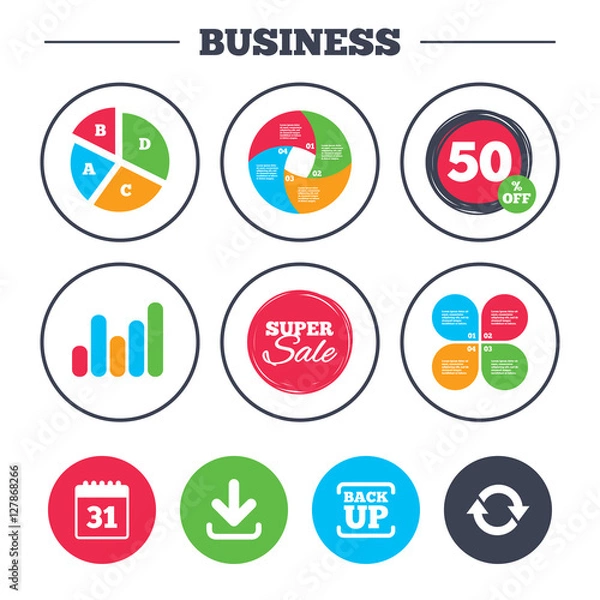 Fototapeta Business pie chart. Growth graph. Download and Backup data icons. Calendar and rotation arrows sign symbols. Super sale and discount buttons. Vector