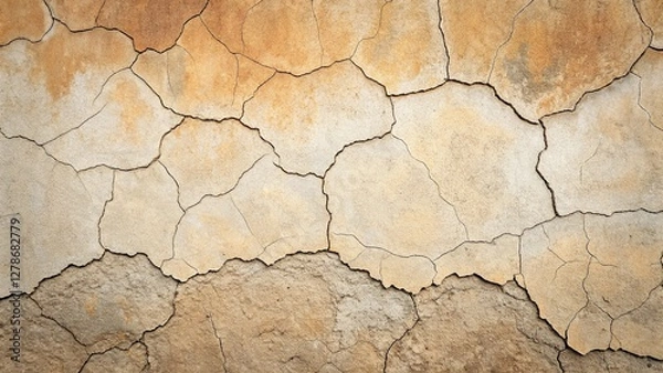 Fototapeta Detailed texture of parched earth with deep cracks, presented in warm beige and brown colors, highlighting drought and dryness