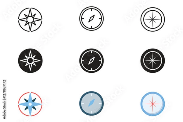 Fototapeta Compass icon set with 3 style line glyph line color