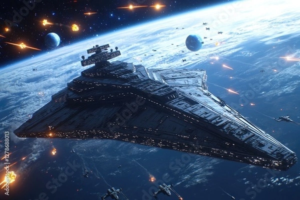 Obraz Space battle, Imperial Star Destroyer, Earth orbit,  alien spacecraft, explosions, and laser fire