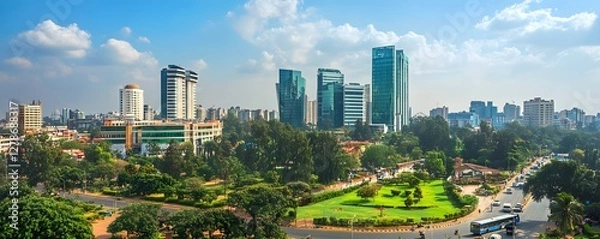 Fototapeta The modern Bangalore business district with sleek office towers, busy streets, and green spaces, showcasing the rapid development of the city