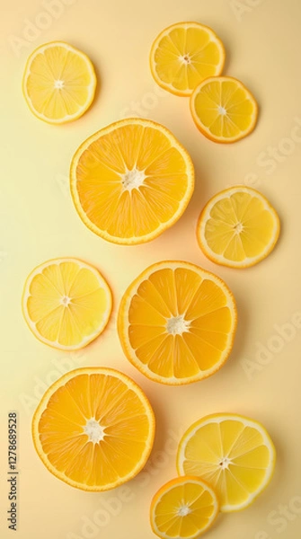 Fototapeta Vibrant, Juicy Orange Halves Freshly Sliced and Arranged Neatly on a Bright, Light Background to Highlight Their Freshness and Natural Appeal