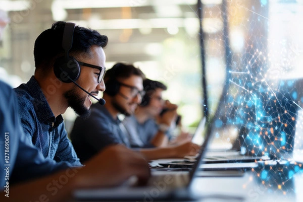Fototapeta Happy call center staff working . AI generative.
