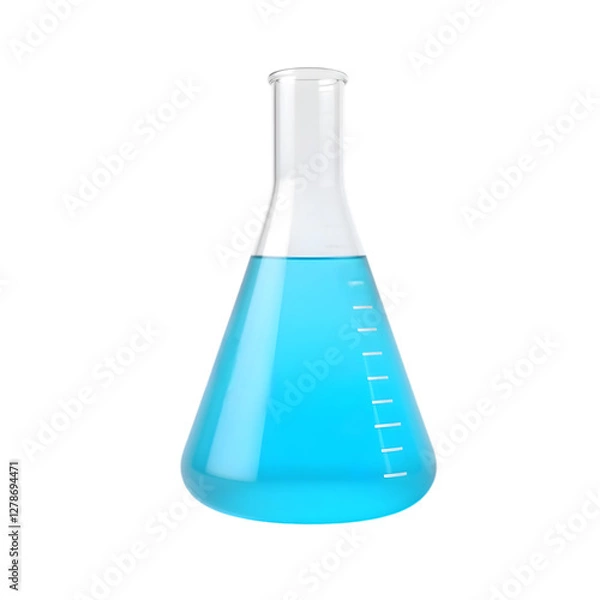 Fototapeta Erlenmeyer flask filled with vibrant blue liquid on black background