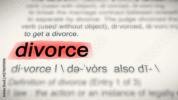 Fototapeta A close-up illustration of the word "divorce" in a dictionary, showing its definition and meaning