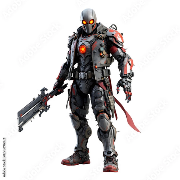 Fototapeta Futuristic soldier in advanced armor with high-tech weapon on black background