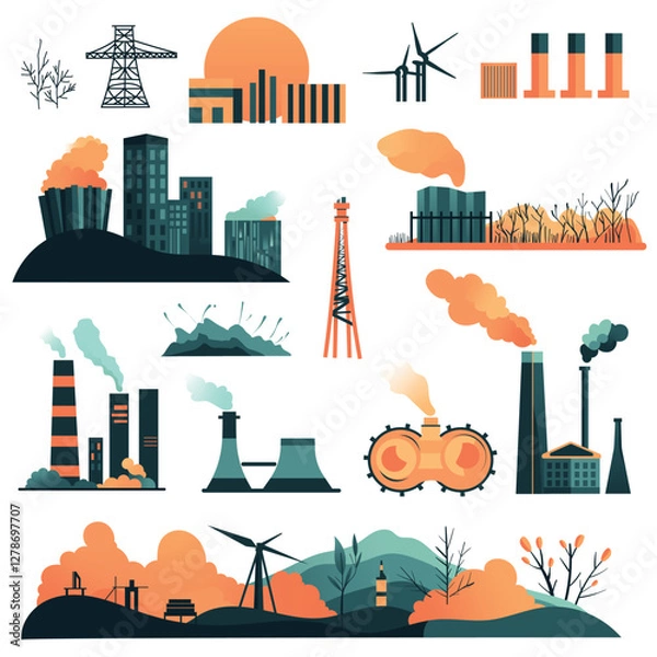 Fototapeta Illustrations of Industrial Objects and Environmental Elements: A Collection for pollution