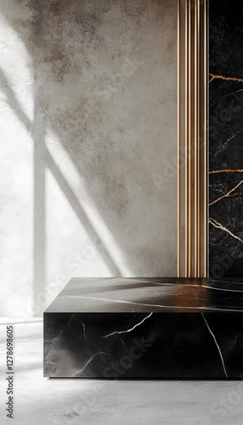 Fototapeta Modern black marble platform stands before textured wall with light
