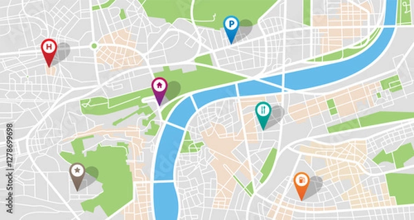 Fototapeta City vector map with navigation icons
