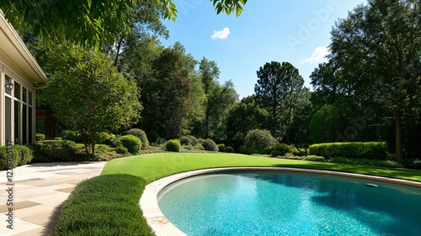 Obraz serene backyard featuring sparkling pool surrounded by lush greenery and manicured lawns, perfect for relaxation and outdoor enjoyment