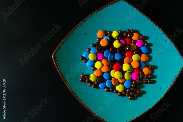 Fototapeta Close-up of colorful chocolate candies on a vibrant turquoise plate, perfect for food and confectionery themes