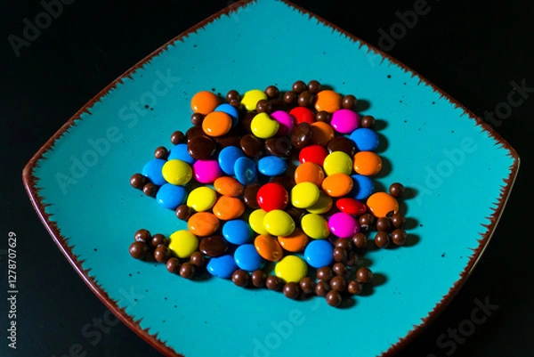 Fototapeta Close-up of colorful chocolate candies on a vibrant turquoise plate, perfect for food and confectionery themes