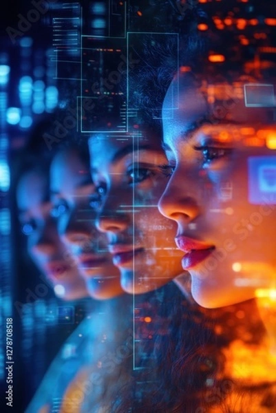 Fototapeta Multiple profiles of women with digital overlays in a futuristic setting