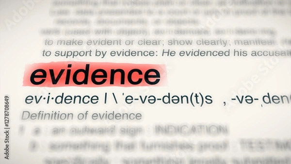 Fototapeta A close-up illustration of the word "evidence" in a dictionary, showing its definition and meaning