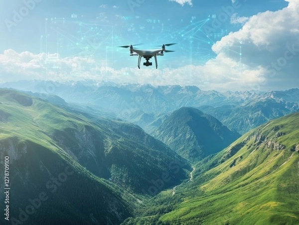 Obraz Drone flying over lush green mountains with digital overlay in background