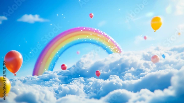 Obraz 空に浮かぶ虹とカラフルな風船をイメージしたデジタル画像
