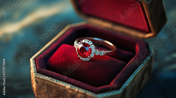 Obraz リングボックスの上に、ルビーのリングが置いてある