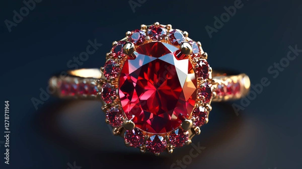 Obraz 黒い背景へ置かれた、豪華なルビーの指輪のアップ