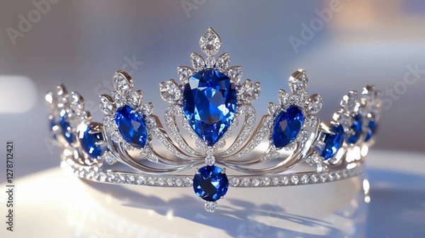 Obraz 白系の明るい背景へ置いてある、ブルーの宝石が美しいティアラ