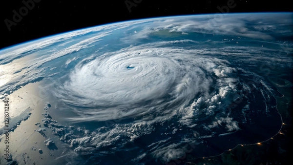 Obraz 暗い宇宙に浮かぶ地球の台風の目を写した画像