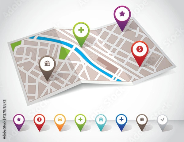 Fototapeta City map with navigation pins, 3d prespective, vector file