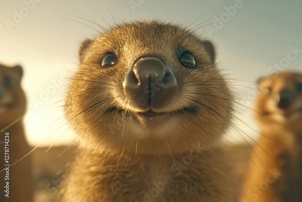 Fototapeta Playful marsupials with joyful expressions bask under warm sunli