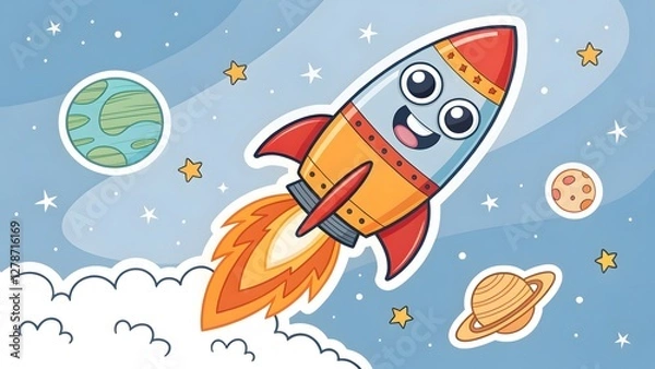 Fototapeta Funny rocket blasting off with fire smoke car