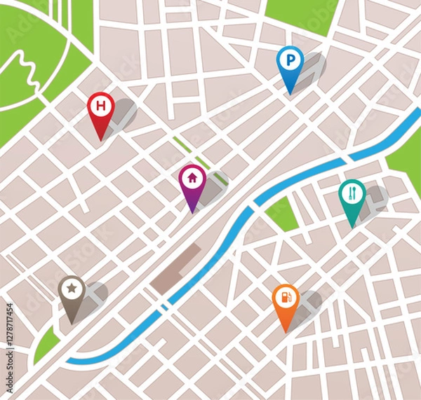 Fototapeta City map with navigation pins, vector file