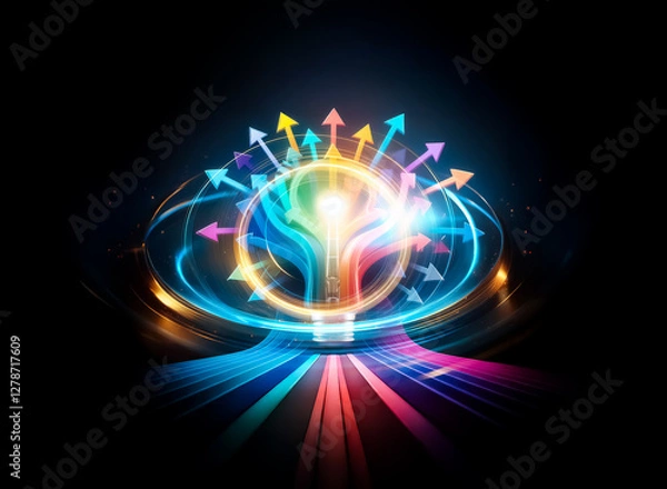 Fototapeta A colorful lightbulb radiates bright light and ideas, symbolized by arrows pointing in various directions against a stark black background.