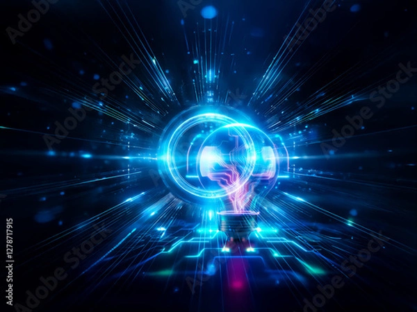 Fototapeta A glowing light bulb with a circuit board inside illuminates the dark background. Neon blue and pink lines suggest technology, innovation, and bright ideas in a digital world.