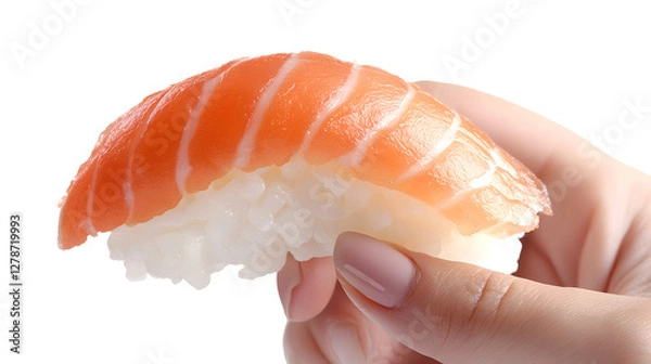 Fototapeta Hand holding sushi nigiri with fresh salmon on white rice. Close-up, isolated on white background