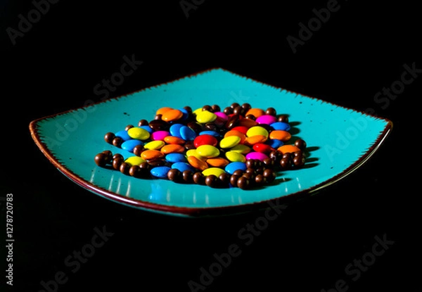 Fototapeta Close-up of colorful chocolate candies on a vibrant turquoise plate, perfect for food and confectionery themes