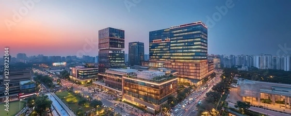 Fototapeta A panoramic view of Delhi Business Hub at dusk, with high-rise buildings illuminated and busy streets filled with professionals and commuters