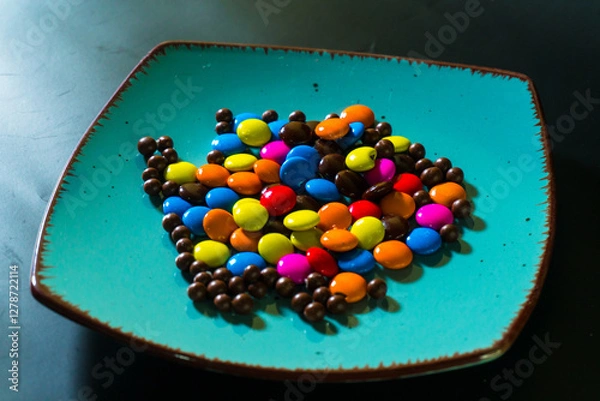 Fototapeta Close-up of colorful chocolate candies on a vibrant turquoise plate, perfect for food and confectionery themes