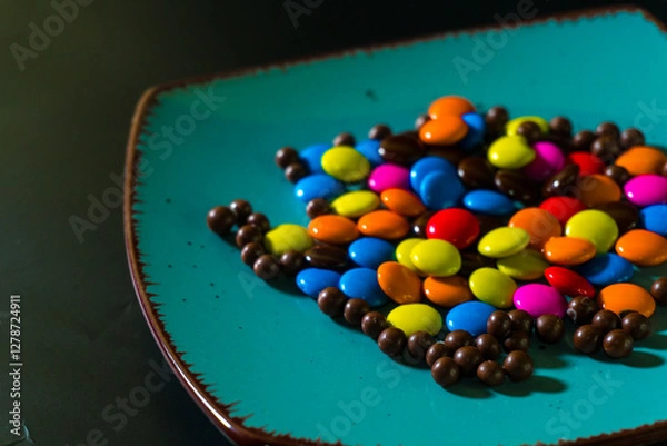 Fototapeta Close-up of colorful chocolate candies on a vibrant turquoise plate, perfect for food and confectionery themes