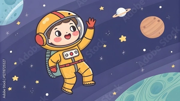 Fototapeta Astronaut floating with a waving hand chibi style