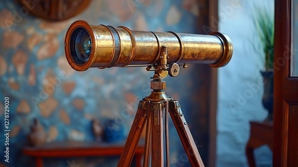Obraz Antique brass telescope on wooden tripod.