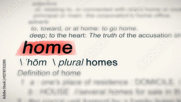 Fototapeta A close-up illustration of the word "home" in a dictionary, showing its definition and meaning