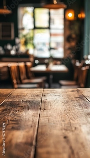 Fototapeta Rustic wooden table in a blurred restaurant setting