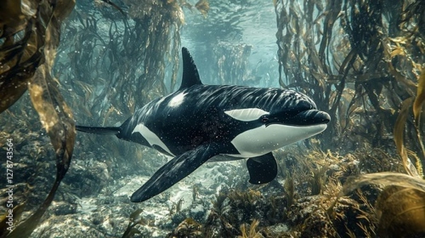 Obraz Orca swimming amidst kelp forest. (1)