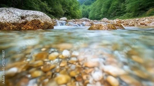 Fototapeta Tranquil Stream Through Lush Green Forest with Clear Water Flow