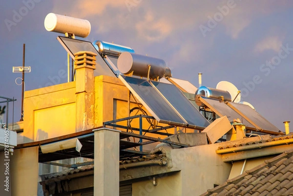 Fototapeta Water tank and solar panels on the roof during sunset, utilising natural energy sources and solar energy to heat water and generate electricity in southern countries.