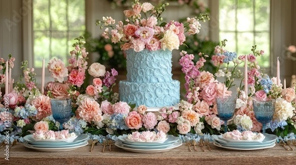 Obraz Pastel tiered cake decorated with flowers on wooden table. Possible use Stock photo for wedding or celebration
