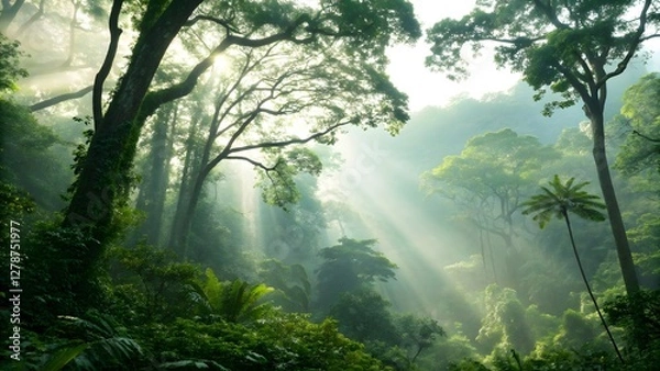 Fototapeta Lush tropical rainforest with misty atmosphere