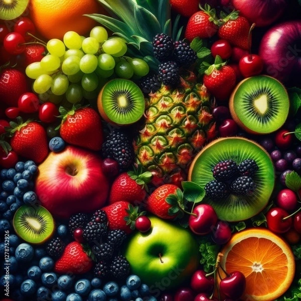 Fototapeta A vibrant, close-up shot showcases a bountiful array of fresh fruits and vegetables, artfully arranged to create a visually appealing composition
