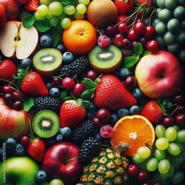 Fototapeta A vibrant, close-up shot showcases a bountiful array of fresh fruits and vegetables, artfully arranged to create a visually appealing composition
