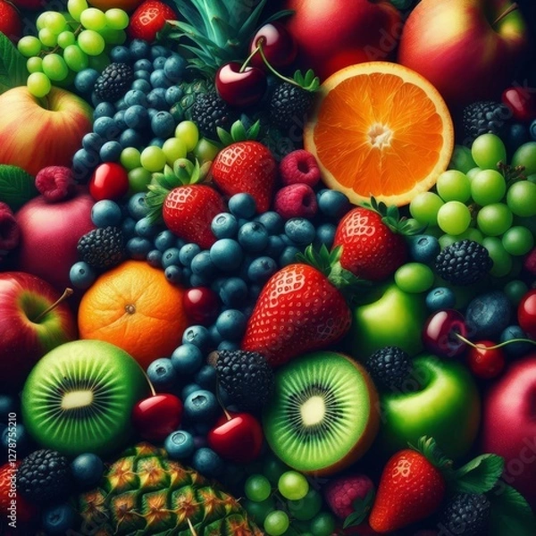 Fototapeta A vibrant, close-up shot showcases a bountiful array of fresh fruits and vegetables, artfully arranged to create a visually appealing composition
