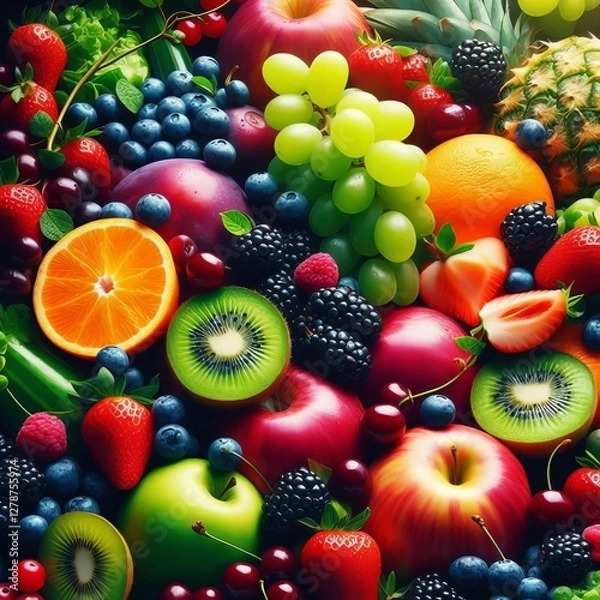 Fototapeta A vibrant, close-up shot showcases a bountiful array of fresh fruits and vegetables, artfully arranged to create a visually appealing composition
