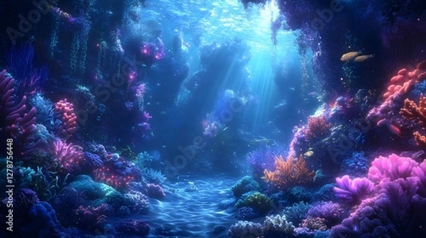 Fototapeta A mysterious underwater world full of glowing corals